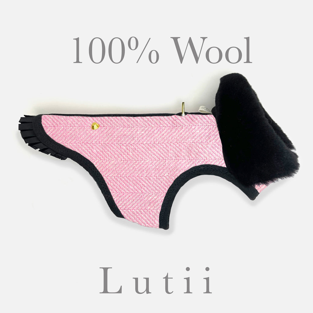 "Pink Cheri" - 100% Wool dog coat w/real shearling collar- Pink Chevron - small dog harness, small dog carrier by Lutii pet design