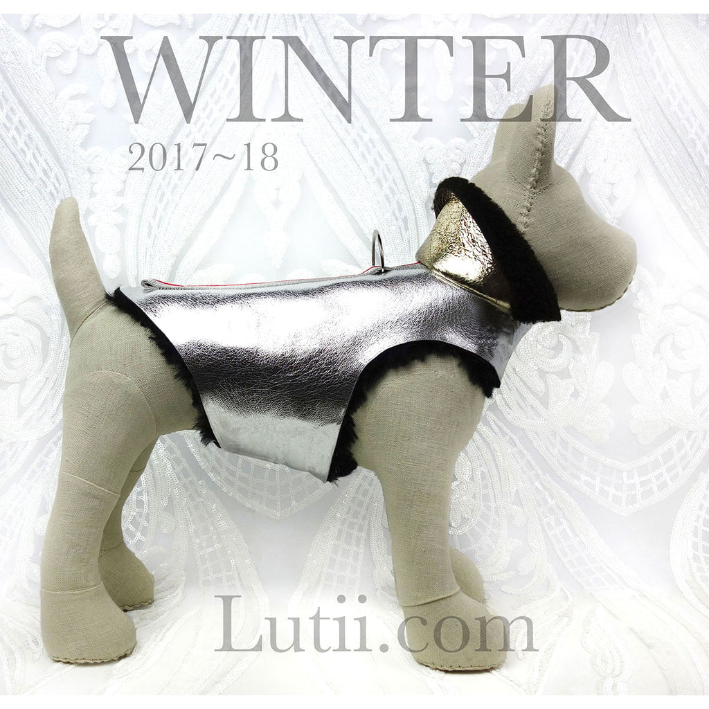 "SILVER RACER"-100% shearling silver metallic handmade winter dog coat - small dog harness, small dog carrier by Lutii pet design