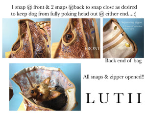 "LUCAS LACE"-Dog carrier, airy, non-overheating, lightweight bronze lace tote. - small dog harness, small dog carrier by Lutii pet design