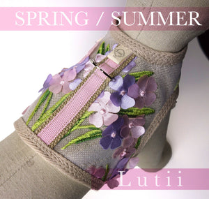 "forget-me-not" pink poppies-handmade adjustable lace dog harness - small dog harness, small dog carrier by Lutii pet design