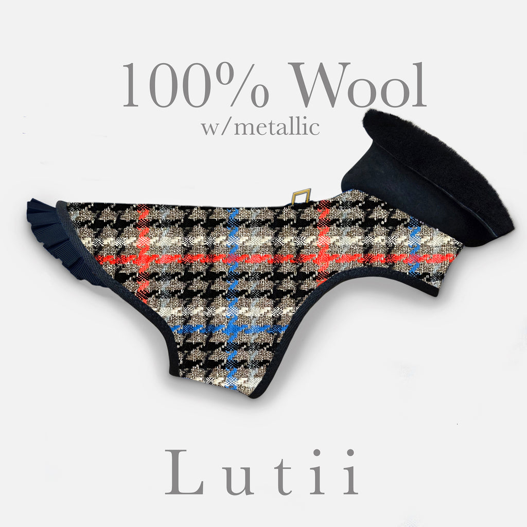 "Metallic Plaid"-Wool/blend w/real shearling handmade winter dog coat - small dog harness, small dog carrier by Lutii pet design
