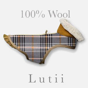 "Taupe/Gld Plaid"-Wool/blend w/real shearling handmade winter dog coat - small dog harness, small dog carrier by Lutii pet design